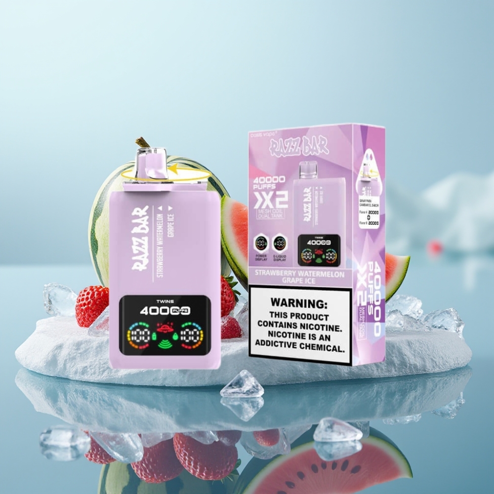 Razz Bar 40000 Puffs Vienreizlietojamais Vape ZEMENEŅU ARBŪZU  VĪNOGU LEDUS ar Power Screen Display un 650 mAh bateriju