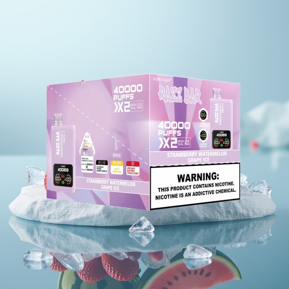Razz Bar 40000 Puffs Vienreizlietojamais Vape ZEMENEŅU ARBŪZU  VĪNOGU LEDUS ar Power Screen Display un 650 mAh bateriju
