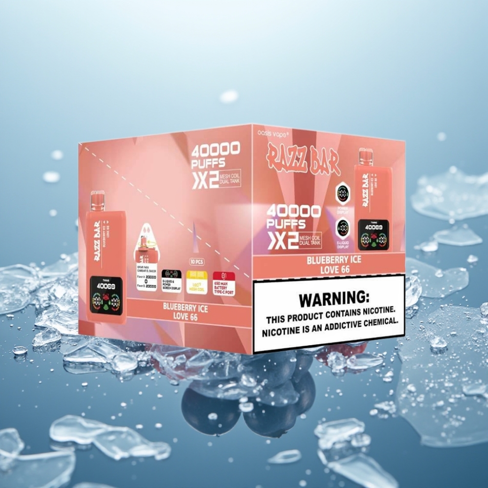Razz Bar 40000 Puffs Vienreizlietojamais Vape ZILA KĪRŠU LEDUS  MĪLESTĪBA 66 ar Power Screen Display un 650 Mah Battery