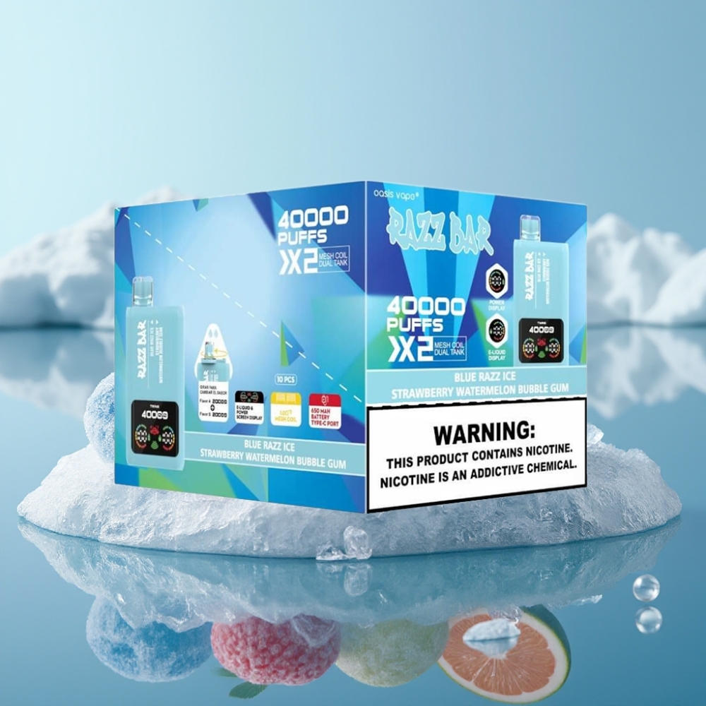 Razz Bar 40000 Puffs Vienreizlietojamais Vape ZILĀ AVENE-DARBENES ŪDENS MELONE BUBBLĒŠU GUMIJA