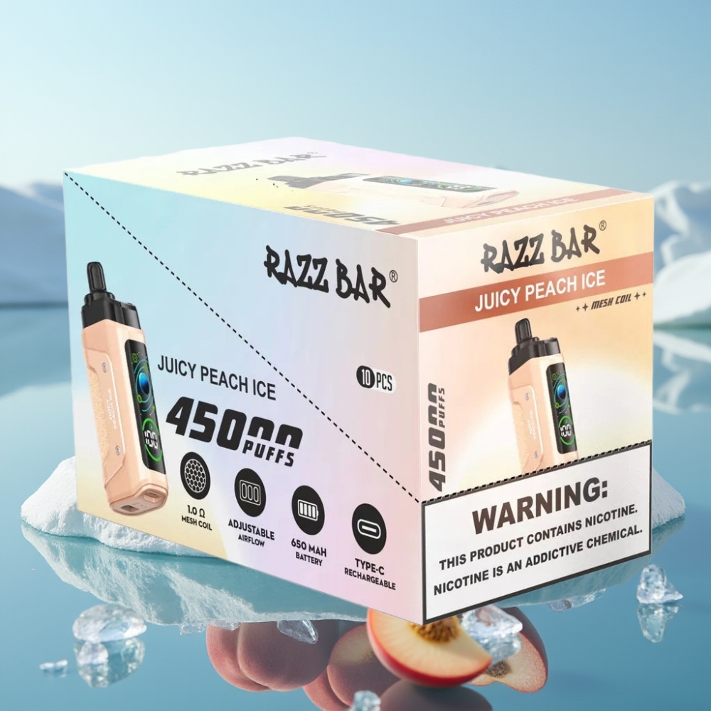 Razz Bar 45000 Puffs Vienreizlietojamais Vape Dzidrs Persiku Ledus ar 10 Ohm Mesh Coil