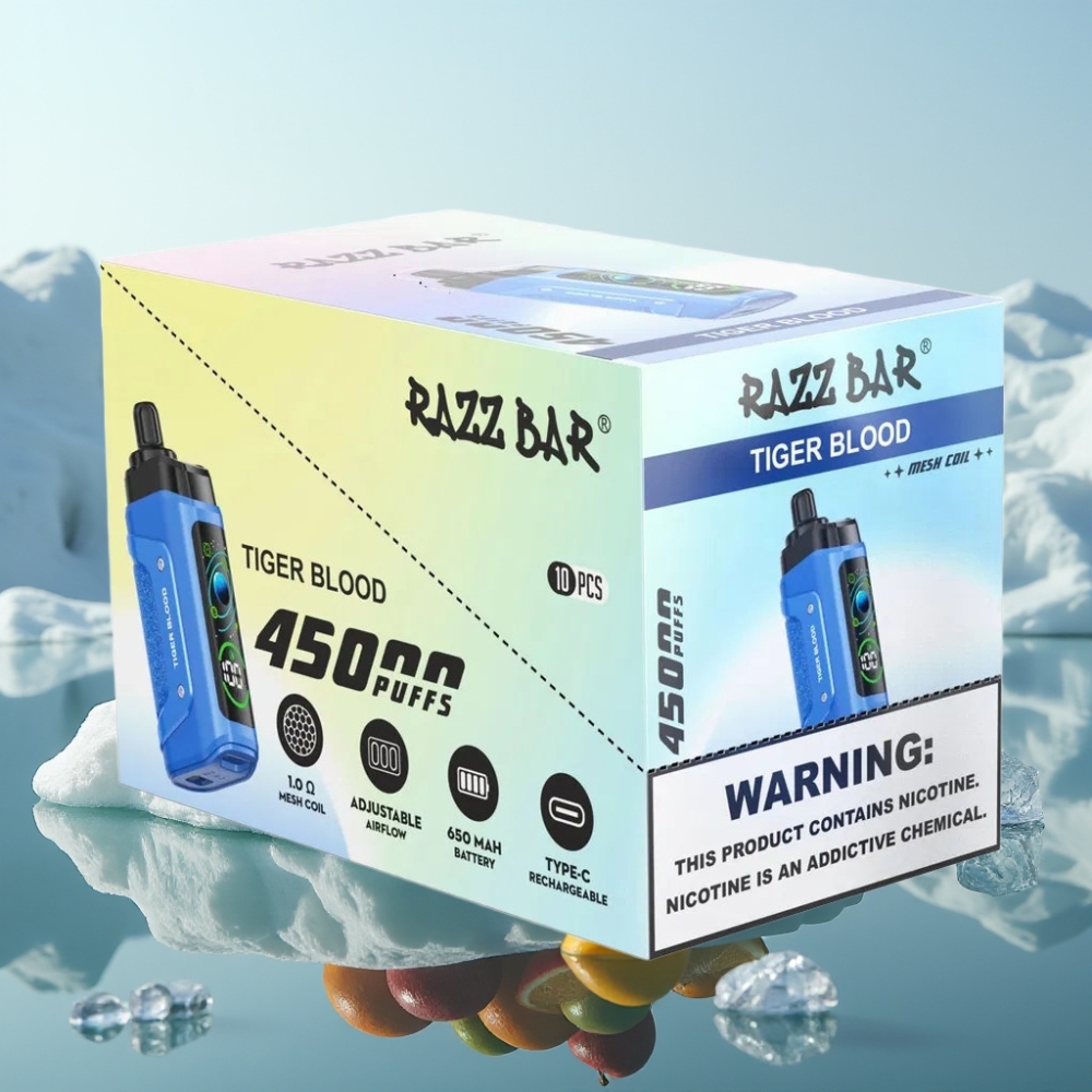 Razz Bar 45000 Puffs Vienreizlietojamais Vape Tīģera Asinis ar 10 Ohm Mesh Coil un Type-C Uzlādi