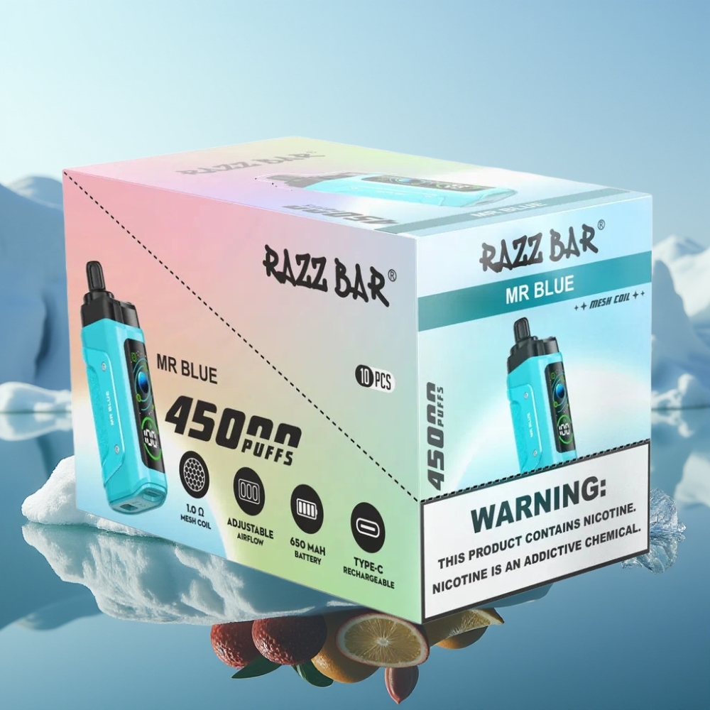 Razz Bar 45000 Puffs Vienreizlietojamais Vape Zilais 10 Ohm Mesh Coil