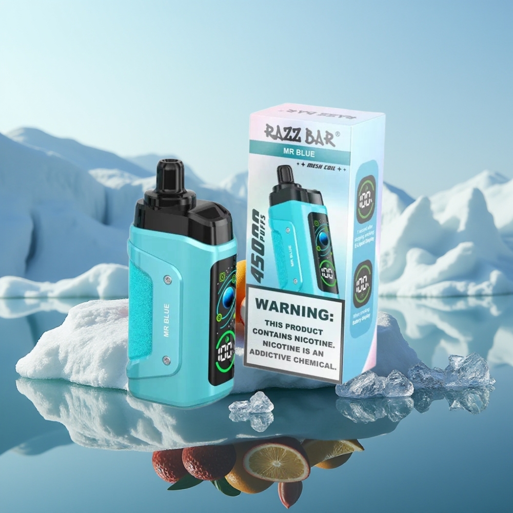 Razz Bar 45000 Puffs Vienreizlietojamais Vape Zilais 10 Ohm Mesh Coil