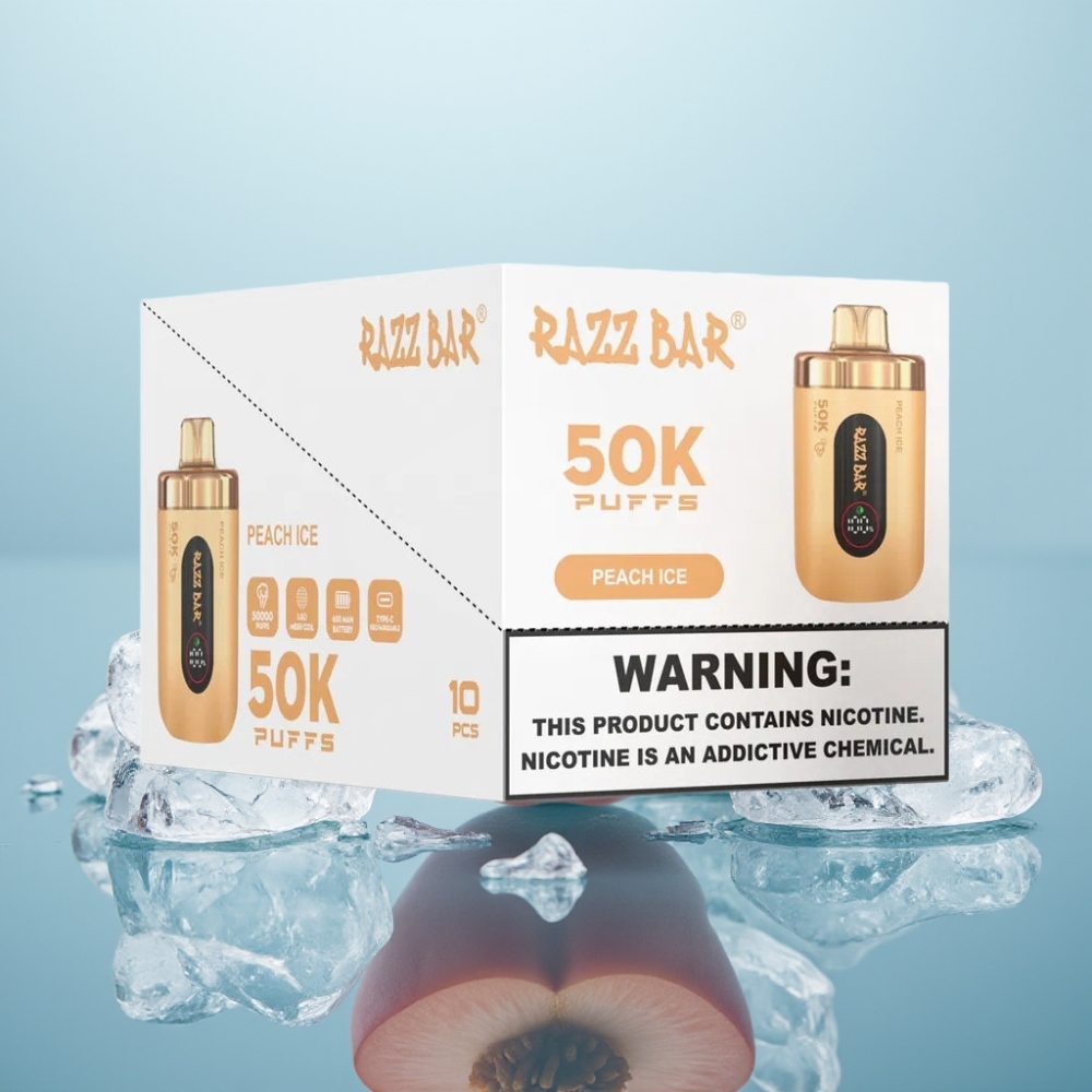 Razz Bar 50K Puffs Vienreizlietojamais Vape Persiku Ledus un 10 Ohm Mesh Coil