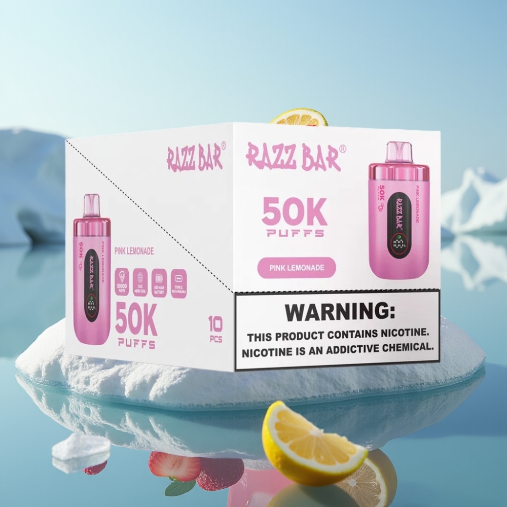 Razz Bar 50K Puffs Vienreizlietojamais Vape Rozā Citrons 10 Ohm Mesh Coil