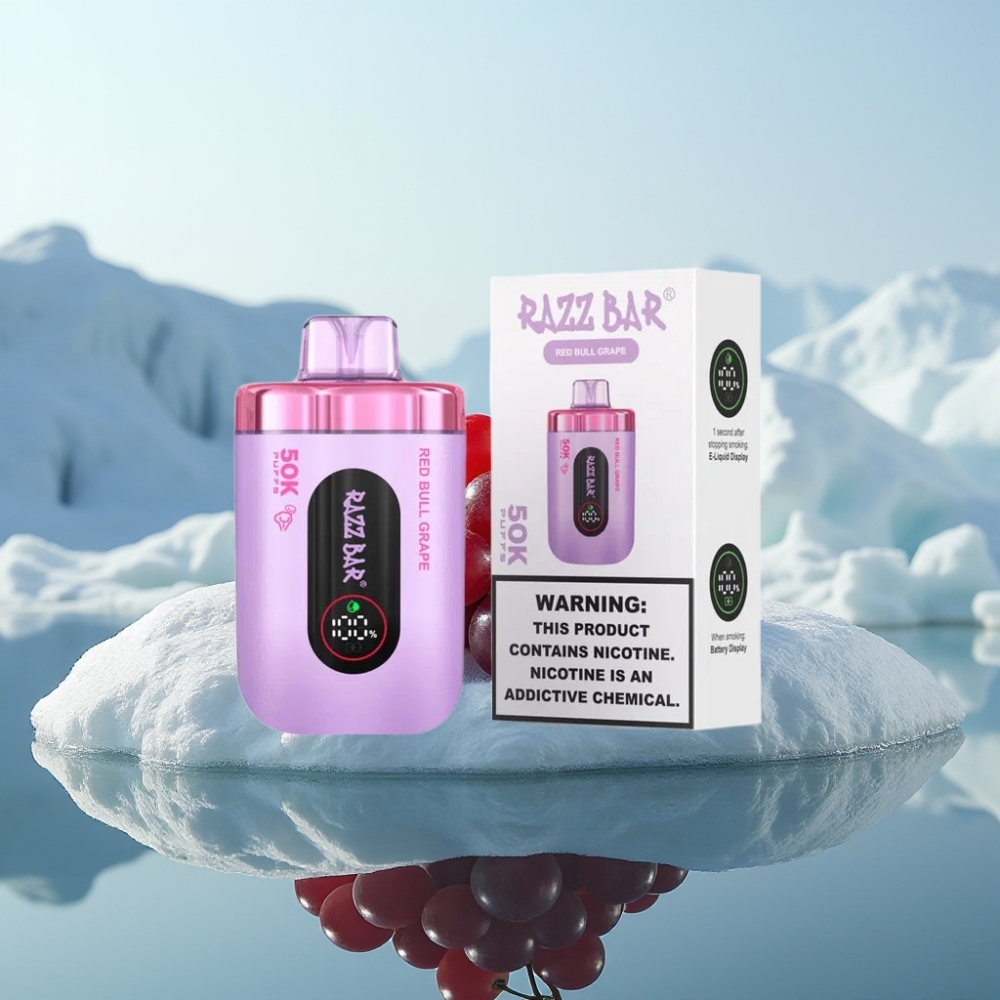 Razz Bar 50K Puffs Vienreizlietojamais Vape Sarkana Bull Vīnoga