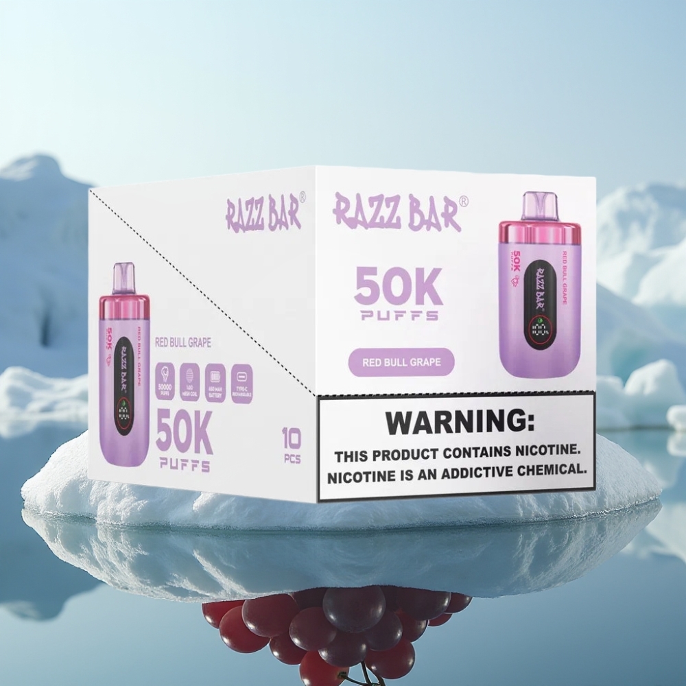 Razz Bar 50K Puffs Vienreizlietojamais Vape Sarkana Bull Vīnoga