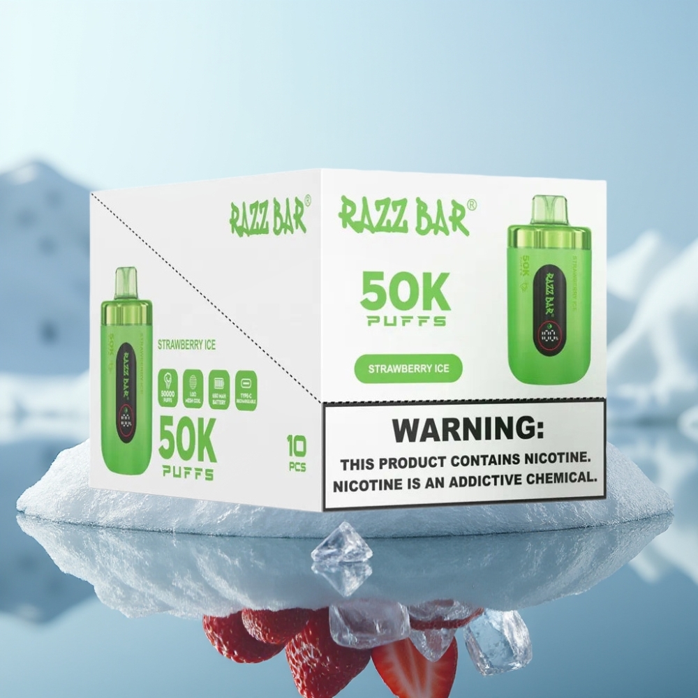 Razz Bar 50K Puffs Vienreizlietojamais Vape Zemeneņu Ledus ar 10 Ohm Mesh Coil un 650 Mah Battery