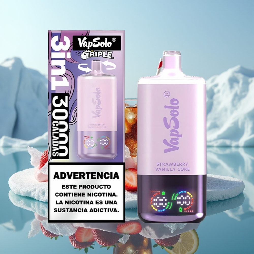 Vapsolo Triple 30000 Puffs Izmērāmi Vapi Zemenu Vaniļas Kola 40ml 20mg/ml